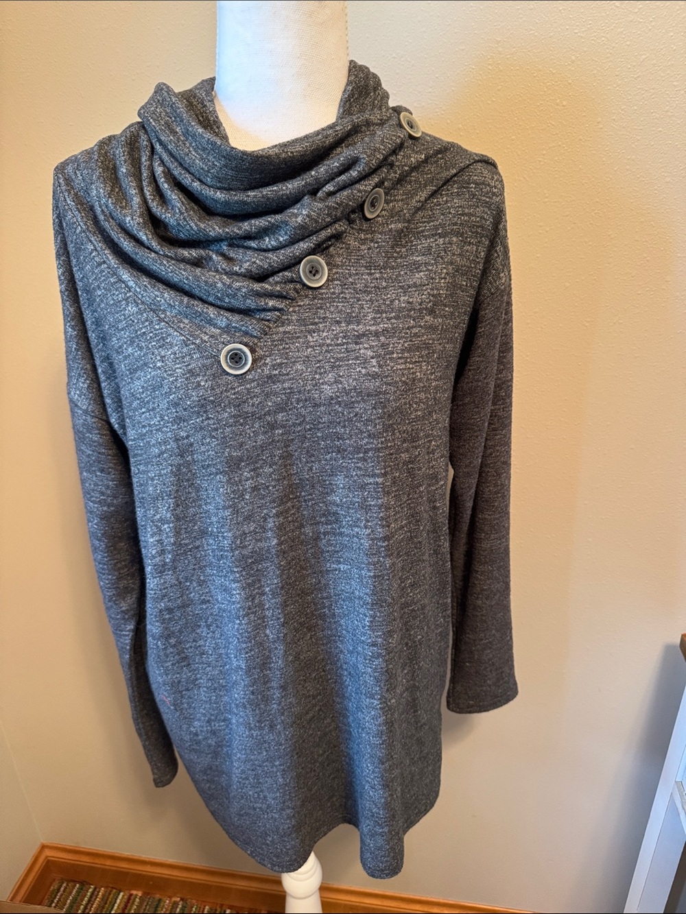 Women’s Charcoal Button-Accent Cowl Neck Tunic Sweater Top - Large